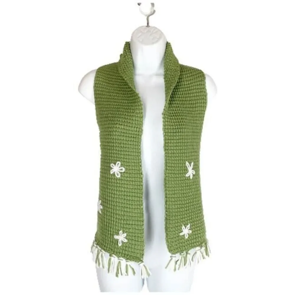 Hand Knit Neck Warmer Scarf Green White Daisy Flowers Boho Hippie Retro